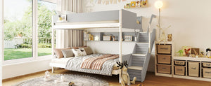 English Elm Twin Over Full Bunk Bed with Staircase Side Shelves LED Lighting for Kids Rooms Gray LT000460AAE