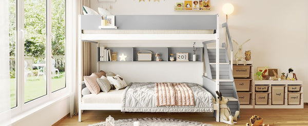 English Elm Twin Over Full Bunk Bed with Staircase Side Shelves LED Lighting for Kids Rooms Gray LT000460AAE