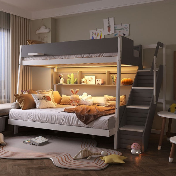 English Elm Twin Over Full Bunk Bed with Staircase Side Shelves LED Lighting for Kids Rooms Gray LT000460AAE