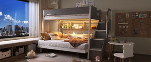 English Elm Twin Over Full Bunk Bed with Staircase Side Shelves LED Lighting for Kids Rooms Gray LT000460AAE