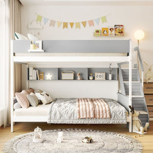 English Elm Twin Over Full Bunk Bed with Staircase Side Shelves LED Lighting for Kids Rooms Gray LT000460AAE