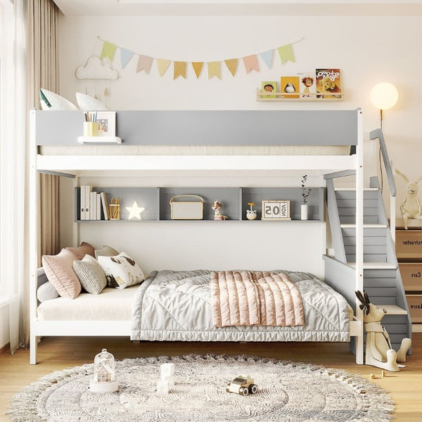 English Elm Twin Over Full Bunk Bed with Staircase Side Shelves LED Lighting for Kids Rooms Gray LT000460AAE