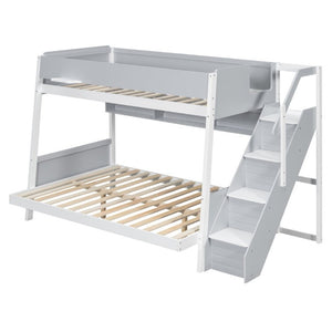 English Elm Twin Over Full Bunk Bed with Staircase Side Shelves LED Lighting for Kids Rooms Gray LT000460AAE