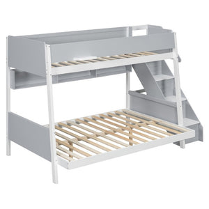 English Elm Twin Over Full Bunk Bed with Staircase Side Shelves LED Lighting for Kids Rooms Gray LT000460AAE