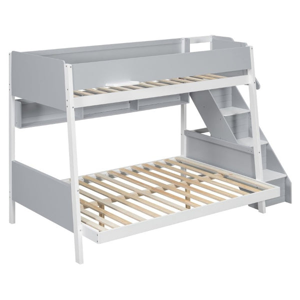 English Elm Twin Over Full Bunk Bed with Staircase Side Shelves LED Lighting for Kids Rooms Gray LT000460AAE