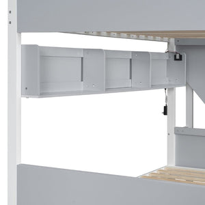 English Elm Twin Over Full Bunk Bed with Staircase Side Shelves LED Lighting for Kids Rooms Gray LT000460AAE