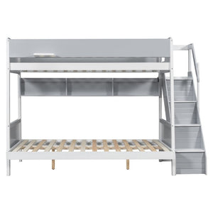 English Elm Twin Over Full Bunk Bed with Staircase Side Shelves LED Lighting for Kids Rooms Gray LT000460AAE