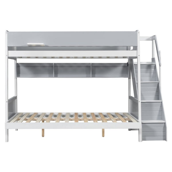 English Elm Twin Over Full Bunk Bed with Staircase Side Shelves LED Lighting for Kids Rooms Gray LT000460AAE