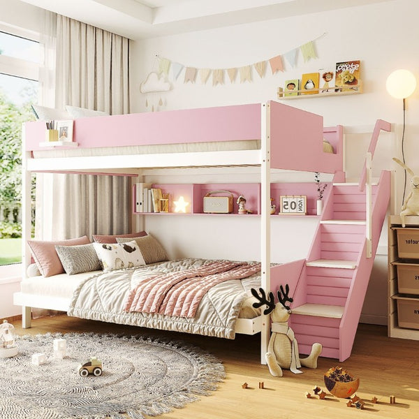 English Elm Twin Over Full Bunk Bed with Staircase Side Shelves LED Lighting for Kids Rooms Pink LT000460AAH