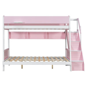 English Elm Twin Over Full Bunk Bed with Staircase Side Shelves LED Lighting for Kids Rooms Pink LT000460AAH