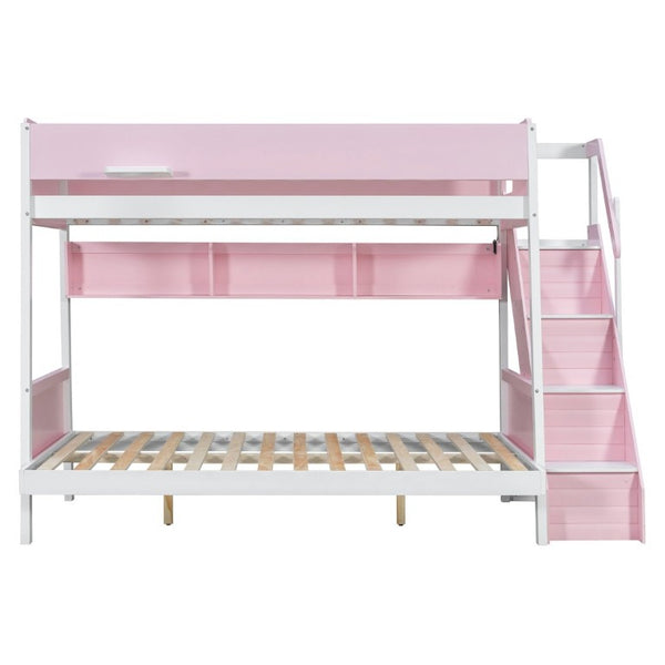 English Elm Twin Over Full Bunk Bed with Staircase Side Shelves LED Lighting for Kids Rooms Pink LT000460AAH
