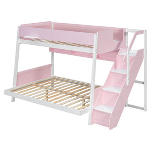 English Elm Twin Over Full Bunk Bed with Staircase Side Shelves LED Lighting for Kids Rooms Pink LT000460AAH