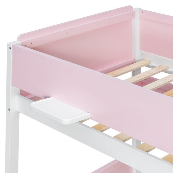 English Elm Twin Over Full Bunk Bed with Staircase Side Shelves LED Lighting for Kids Rooms Pink LT000460AAH