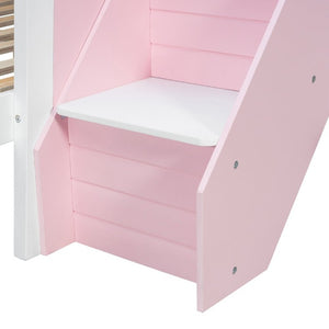 English Elm Twin Over Full Bunk Bed with Staircase Side Shelves LED Lighting for Kids Rooms Pink LT000460AAH