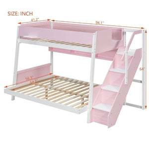 English Elm Twin Over Full Bunk Bed with Staircase Side Shelves LED Lighting for Kids Rooms Pink LT000460AAH