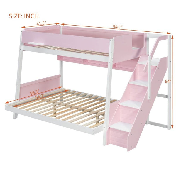 English Elm Twin Over Full Bunk Bed with Staircase Side Shelves LED Lighting for Kids Rooms Pink LT000460AAH