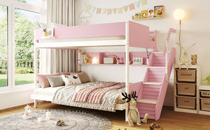 English Elm Twin Over Full Bunk Bed with Staircase Side Shelves LED Lighting for Kids Rooms Pink LT000460AAH