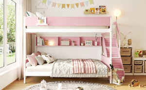 English Elm Twin Over Full Bunk Bed with Staircase Side Shelves LED Lighting for Kids Rooms Pink LT000460AAH