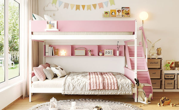 English Elm Twin Over Full Bunk Bed with Staircase Side Shelves LED Lighting for Kids Rooms Pink LT000460AAH