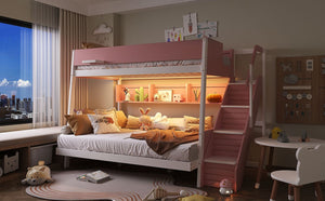 English Elm Twin Over Full Bunk Bed with Staircase Side Shelves LED Lighting for Kids Rooms Pink LT000460AAH
