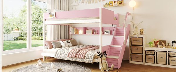 English Elm Twin Over Full Bunk Bed with Staircase Side Shelves LED Lighting for Kids Rooms Pink LT000460AAH