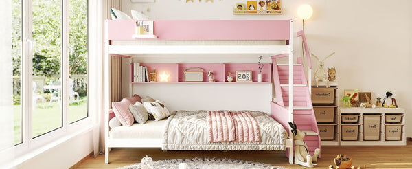 English Elm Twin Over Full Bunk Bed with Staircase Side Shelves LED Lighting for Kids Rooms Pink LT000460AAH