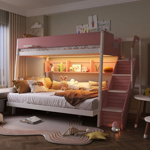 English Elm Twin Over Full Bunk Bed with Staircase Side Shelves LED Lighting for Kids Rooms Pink LT000460AAH