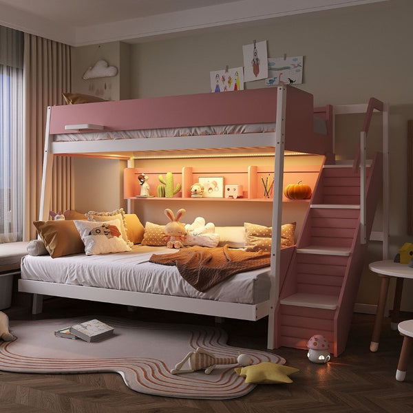 English Elm Twin Over Full Bunk Bed with Staircase Side Shelves LED Lighting for Kids Rooms Pink LT000460AAH