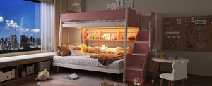 English Elm Twin Over Full Bunk Bed with Staircase Side Shelves LED Lighting for Kids Rooms Pink LT000460AAH