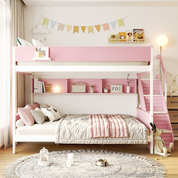 English Elm Twin Over Full Bunk Bed with Staircase Side Shelves LED Lighting for Kids Rooms Pink LT000460AAH