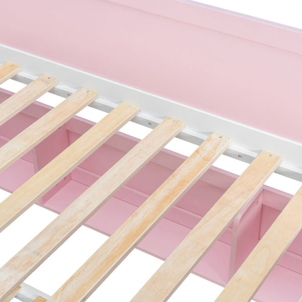 English Elm Twin Over Full Bunk Bed with Staircase Side Shelves LED Lighting for Kids Rooms Pink LT000460AAH