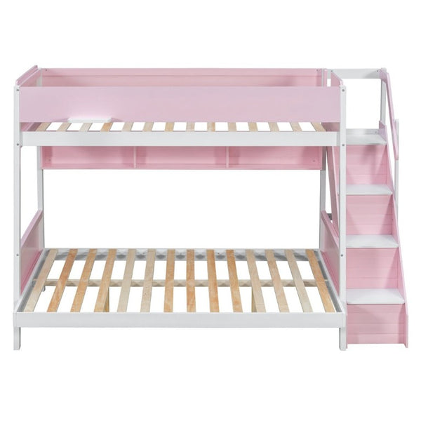 English Elm Twin Over Full Bunk Bed with Staircase Side Shelves LED Lighting for Kids Rooms Pink LT000460AAH
