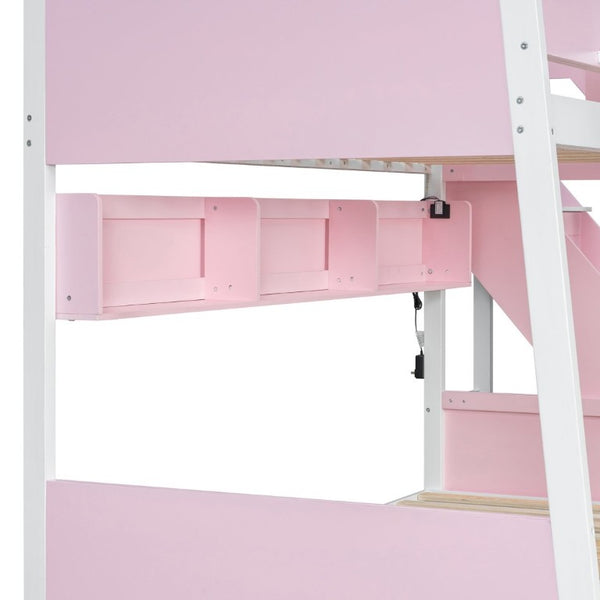 English Elm Twin Over Full Bunk Bed with Staircase Side Shelves LED Lighting for Kids Rooms Pink LT000460AAH