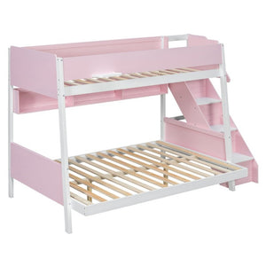English Elm Twin Over Full Bunk Bed with Staircase Side Shelves LED Lighting for Kids Rooms Pink LT000460AAH