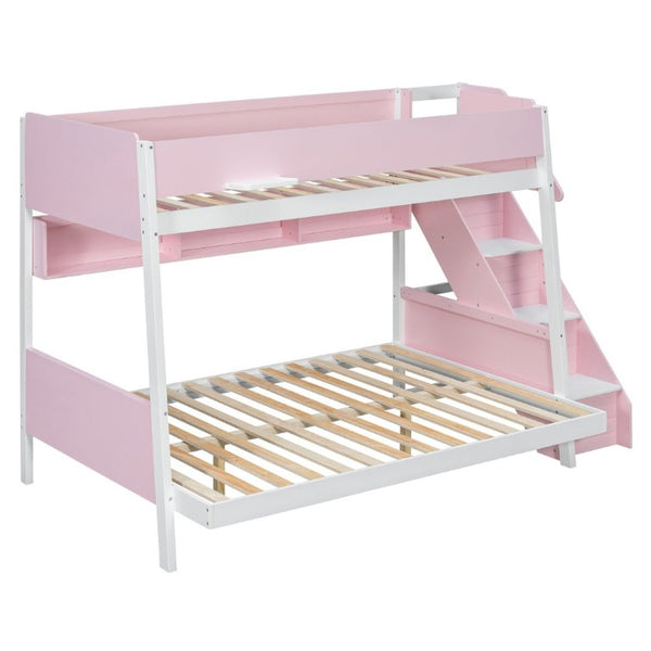 English Elm Twin Over Full Bunk Bed with Staircase Side Shelves LED Lighting for Kids Rooms Pink LT000460AAH