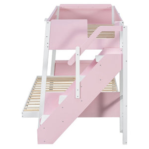 English Elm Twin Over Full Bunk Bed with Staircase Side Shelves LED Lighting for Kids Rooms Pink LT000460AAH