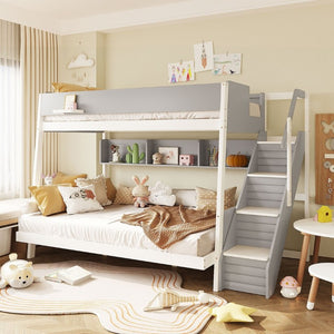 English Elm Full XL Over Queen Bunk Bed with Striped Staircase Side Shelves and LED Lighting Gray LT000461AAE