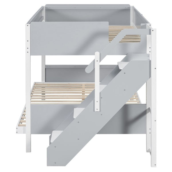 English Elm Full XL Over Queen Bunk Bed with Striped Staircase Side Shelves and LED Lighting Gray LT000461AAE
