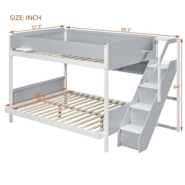 English Elm Full XL Over Queen Bunk Bed with Striped Staircase Side Shelves and LED Lighting Gray LT000461AAE