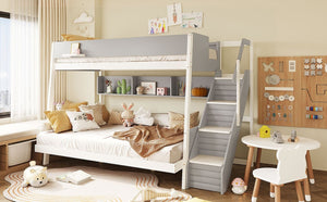English Elm Full XL Over Queen Bunk Bed with Striped Staircase Side Shelves and LED Lighting Gray LT000461AAE