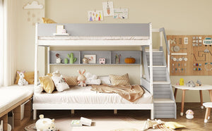 English Elm Full XL Over Queen Bunk Bed with Striped Staircase Side Shelves and LED Lighting Gray LT000461AAE