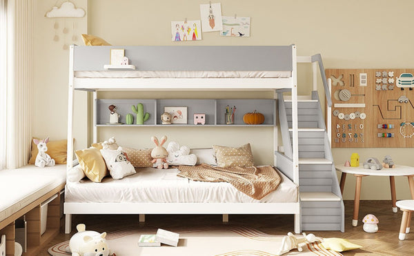 English Elm Full XL Over Queen Bunk Bed with Striped Staircase Side Shelves and LED Lighting Gray LT000461AAE
