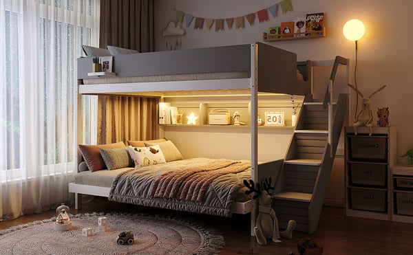 English Elm Full XL Over Queen Bunk Bed with Striped Staircase Side Shelves and LED Lighting Gray LT000461AAE
