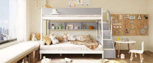 English Elm Full XL Over Queen Bunk Bed with Striped Staircase Side Shelves and LED Lighting Gray LT000461AAE