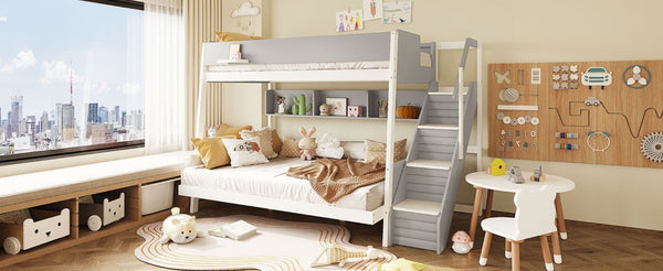 English Elm Full XL Over Queen Bunk Bed with Striped Staircase Side Shelves and LED Lighting Gray LT000461AAE