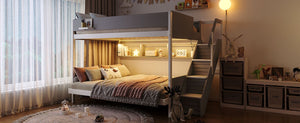 English Elm Full XL Over Queen Bunk Bed with Striped Staircase Side Shelves and LED Lighting Gray LT000461AAE