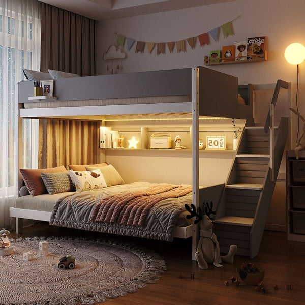 English Elm Full XL Over Queen Bunk Bed with Striped Staircase Side Shelves and LED Lighting Gray LT000461AAE