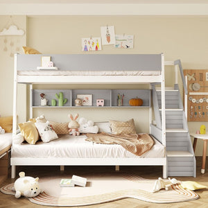 English Elm Full XL Over Queen Bunk Bed with Striped Staircase Side Shelves and LED Lighting Gray LT000461AAE