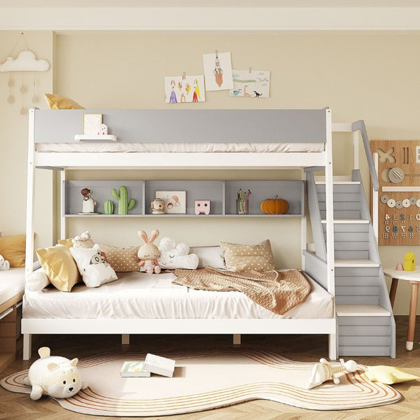 English Elm Full XL Over Queen Bunk Bed with Striped Staircase Side Shelves and LED Lighting Gray LT000461AAE