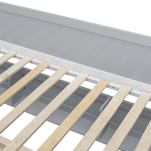 English Elm Full XL Over Queen Bunk Bed with Striped Staircase Side Shelves and LED Lighting Gray LT000461AAE
